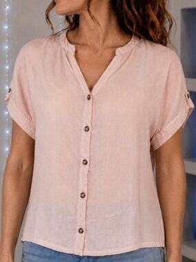Xhilaration Blush Pink Swiss Dot Button Front Blouse Women’s L/G